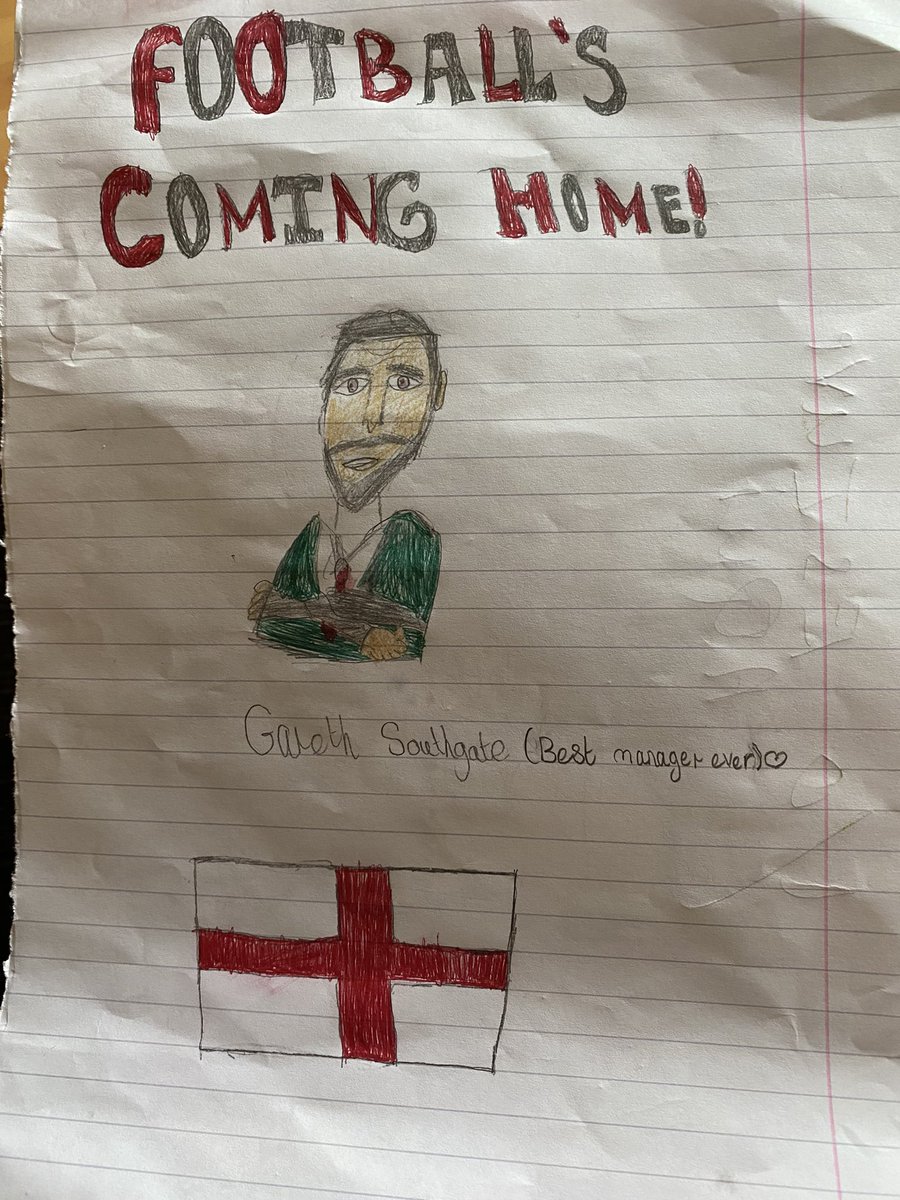 nicolala86's tweet photo. @GarethSouthgate our daughter drew a picture for you last night and it doesn’t matter what the score was she just knows  you are amazing.Thank you and the team for giving us all a little escape from life, some amazing football and a team to get behind 👏🏻 https://t.co/RdXWZnoTd7