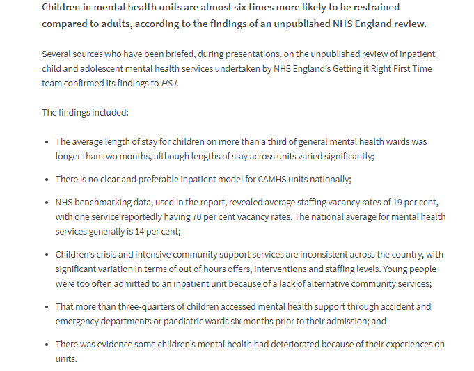 Rebeccasmt's tweet photo. Exclusive: Children six times more likely to be restrained than adults
@NHSEngland @NHSGIRFT review will warn children restrained at hugely higher rates.
and very significant variation in cost per bed and length of stay nationally
https://t.co/hne8QUE7Ig https://t.co/QNdKqTzYbU