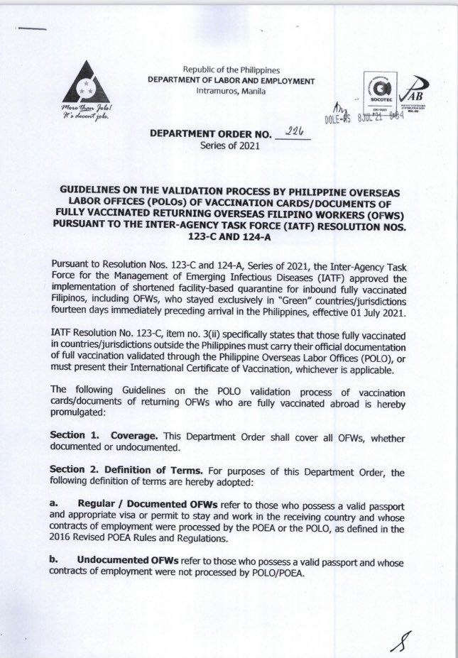 HansLeoCacdac's tweet photo. DOLE Secretary Bello issued Department Order No. 226-2021, re procedure at the PHL Overseas Labor Office for validation of vaccine documents of fully-vaccinated OFWs in 57 “green list” countries/destinations. Such POLO validation will entitle OFWs to a 7-day hotel quarantine. https://t.co/nhDLNsdUvv