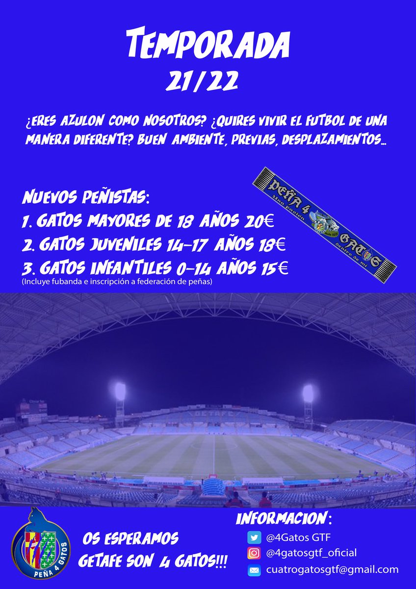 4GatosGTF's tweet photo. Te gusta el @GetafeCF? quieres vivir cada encuentro con gente igual de forofa que tú?
Anímate a formar parte de nuestra familia gatuna para compartir el sentimiento y pasión que nos une.
Disfruta todas las ventajas de ser un peñista adscrito a @FPGETAFE y consigue nuestra bufanda https://t.co/qPZy5GjLi4