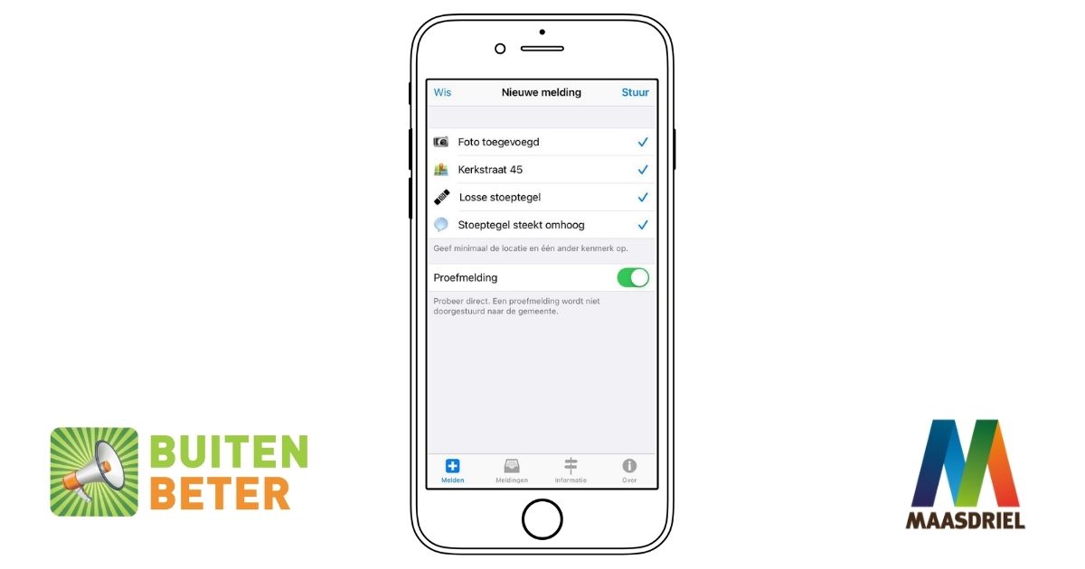 Zie je een losse stoeptegel of zwerfafval op straat? Meld het makkelijk en snel via de BuitenBeter app! Wij ontvangen de melding met foto en locatie en kunnen zo het probleem oplossen. Kijk voor meer info of het downloaden van de app op buitenbeter.nl.