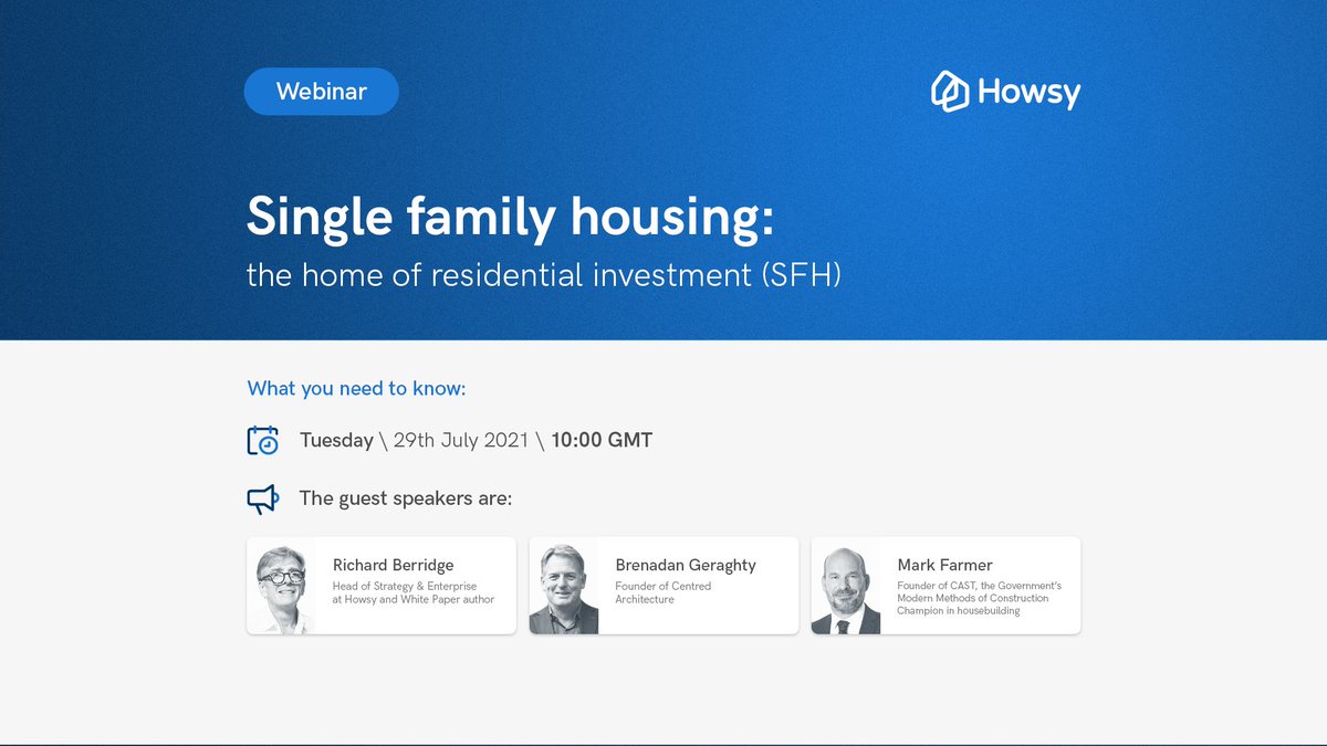 Our last webinar of #July is on Thursday 29th at 10am hosted by <a href="/HelloHowsy/">Howsy</a> to launch their #Single #Family #Housing white paper. This webinar will explore the differences between the Single-Family Housing and #btr asset classes. Join us to get involved: bit.ly/3k8dDxZ
