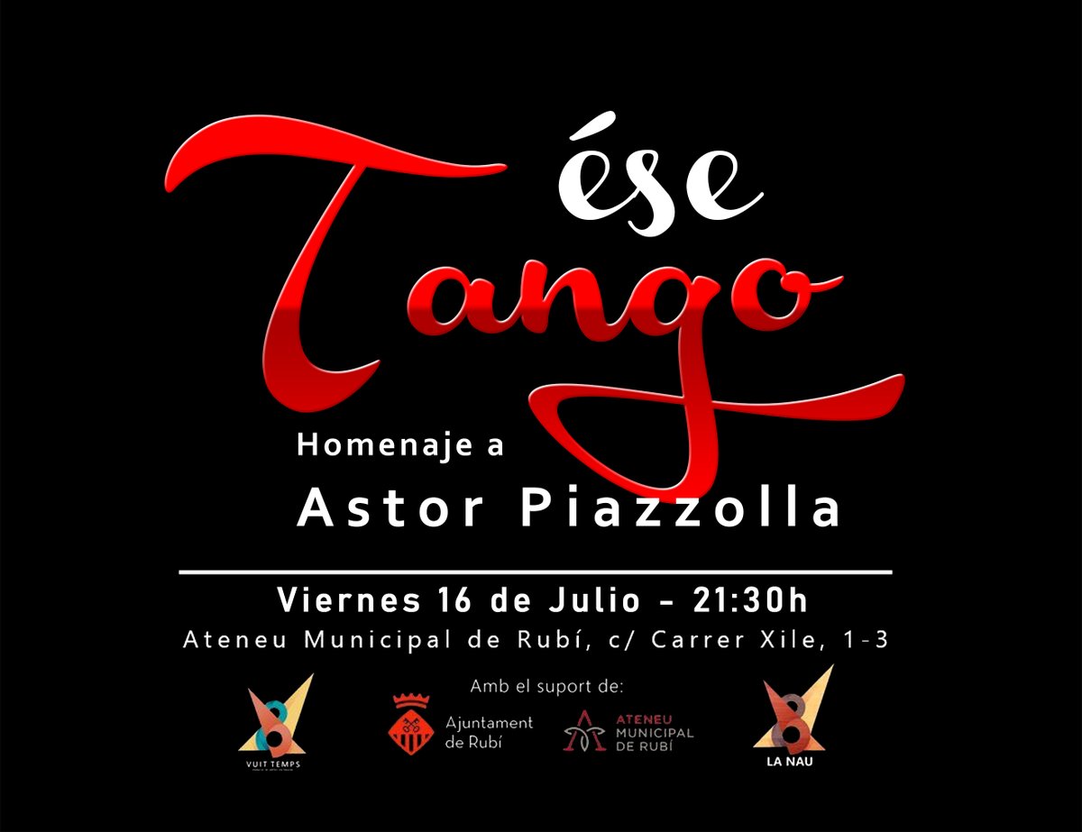 AteneuRubi's tweet photo. ▶️Dimecres 14 a les 19.30 h
Homenatge de @bigmamamontse a la poeta Felicia Fuster @AnyFFuster
▶️Dijous 15 a les 20.30 h
Concert d'@alba_miras
▶️Divendres 16 a les 21.30 h
Homenatge a A. Piazzolla amb Ese Tango a càrrec de #8Temps
➕ℹ️ https://t.co/IxWyO5qv27
#rubicity @AjRubi https://t.co/5gJENU0vCV