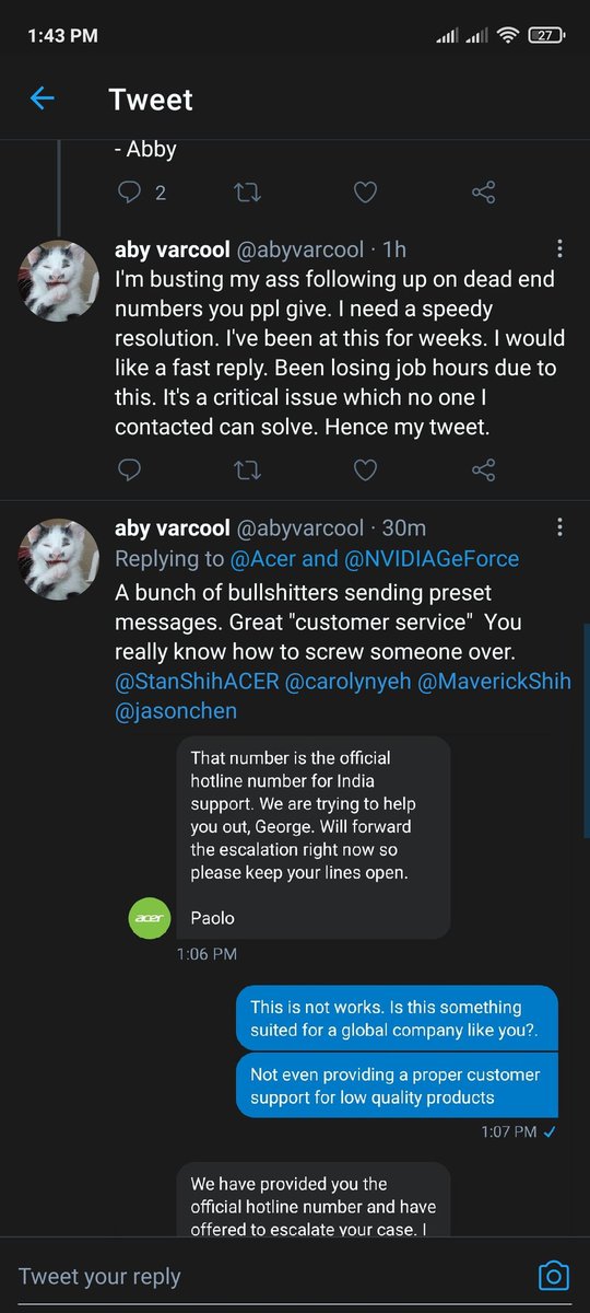 abyvarcool's tweet photo. @ASUSIndia @TrakinTech @Flipkart @Acer_India @Acer The worst devices and worst service. Because of them  can't work and I'm losing money. Job at jeopardy. Don't have money to buy new laptop. I'm screwed. Please don't let this happen to you. https://t.co/aV9U9deyBi
