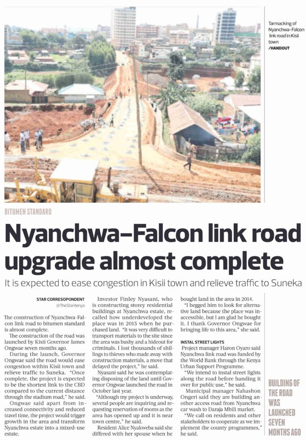 kipembecharlo's tweet photo. In Kisii, upgrade to bitumen standard of the Nyanchwa - Falcon link road is almost complete as improvement of road networks in both urban and rural areas across the country continues. https://t.co/zn9kDbwwp3