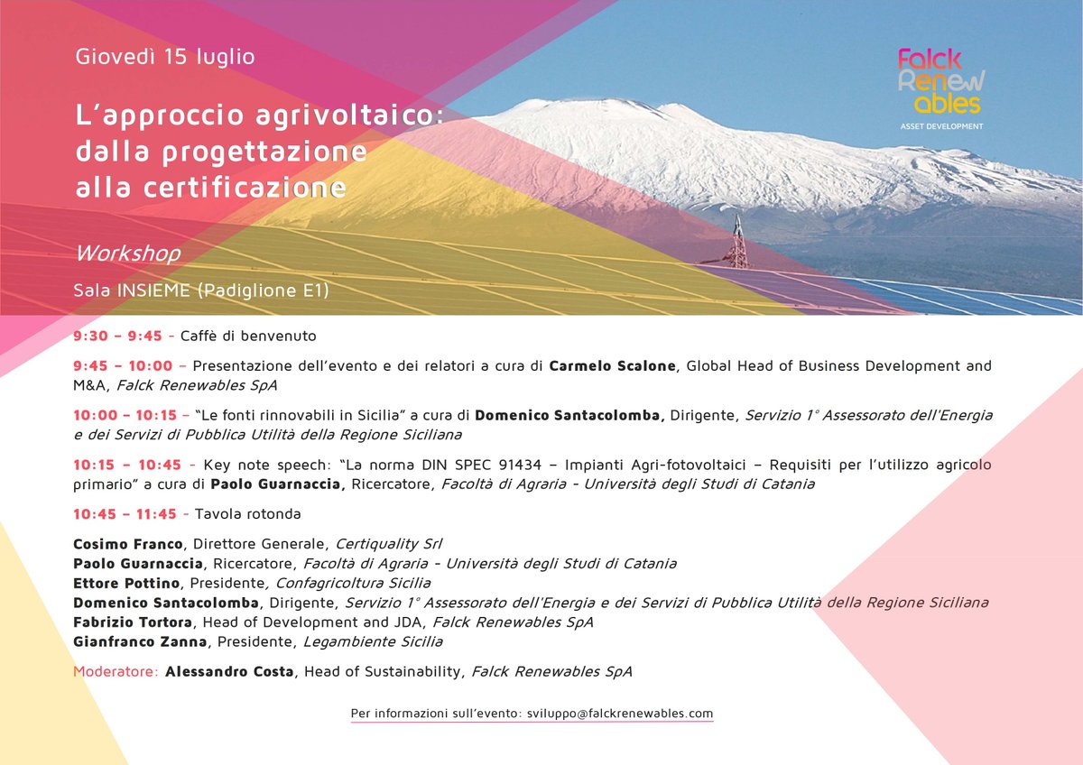 Renantis_'s tweet photo. 14/16 luglio @ #Catania2030 – Green Expo del Mediterraneo con nostro stand.
15 luglio: workshop “L’approccio #agrivoltaico: dalla progettazione alla certificazione”.
Conferma👉 sviluppo@falckrenewables.com
#SustainableInclusivePower #ThePowerOfOurPlants #OurSharedValue https://t.co/VSq2FsIDK1