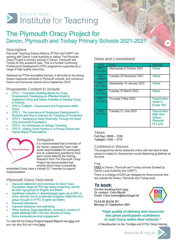 The Plymouth Oracy Project 
**FREE** for Devon, Plymouth and Torbay Primary Schools 2021-2021. Do not miss out, places are limited <a href="/OracyProject/">The Plymouth Oracy Project</a> @TorbayTSA  docs.google.com/forms/d/e/1FAI…