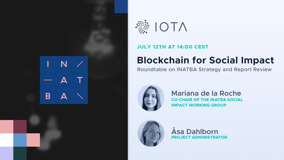 iota's tweet image. Today, #IOTA Foundation’s @ADahlborn and @marydlrw will participate in an event hosted by @INATBA_org. 

They will talk about what actions INATBA can take to address the problems faced by #blockchain for social impact projects. 

inatba.org/events-calenda…