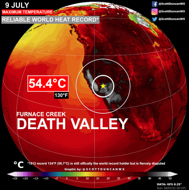 InfosFrancaises's tweet photo. MÉTÉO : 54,4°C à l'ombre relevés la semaine dernière à Furnace Creek, en Californie, soit la température le plus élevée jamais enregistrée (de façon fiable) sur Terre. (Scott Duncan) https://t.co/zAn23mSzyA