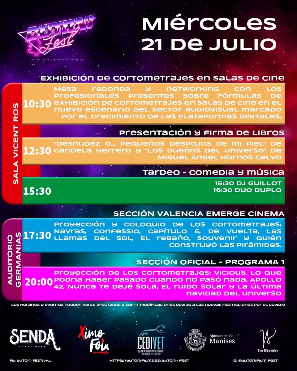 ButoniFilms's tweet photo. 🎬Programa 21 de Julio🎬

🎞️Charla de cine
📚 Presentación de libros
🎶 Música &amp; Comedia 🤣
🎟️Valencia Emerge Cinema
🎥 Sección Oficial de Cortometrajes

¿Te lo vas a perder? 

#festival #cine #verano #Valencia #Cultura #cortometrajes #Musica #libros #charlas #ButoniFest https://t.co/mpGd1GER8c