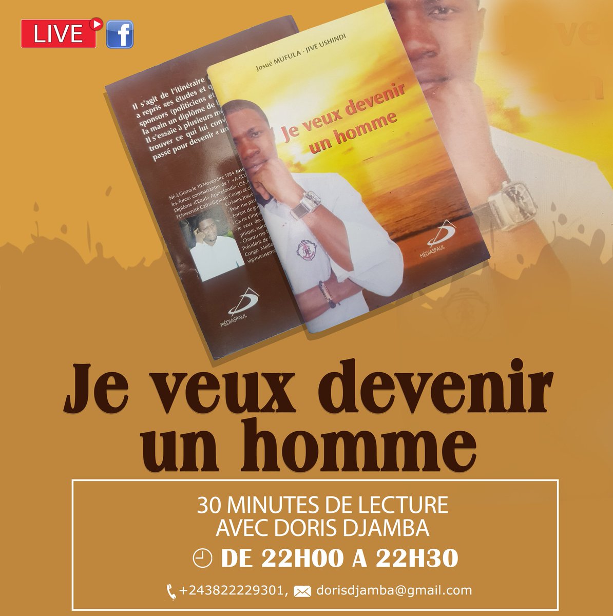 DorisDjamba2's tweet photo. Coucou !
Voici le livre sélectionné pour la lecture.
🌻JE VEUX DEVENIR UN HOMME 🌻
_______________________________________
 
🌾 L'auteur Mufula Jive Josué 19  🌾
Aujourd'hui de 22H00 à 22H30 avec Doris DJAMBA, l'écrivain noir ✌

🌸Bon début de la semaine🌸 https://t.co/BZVE4mmCtr