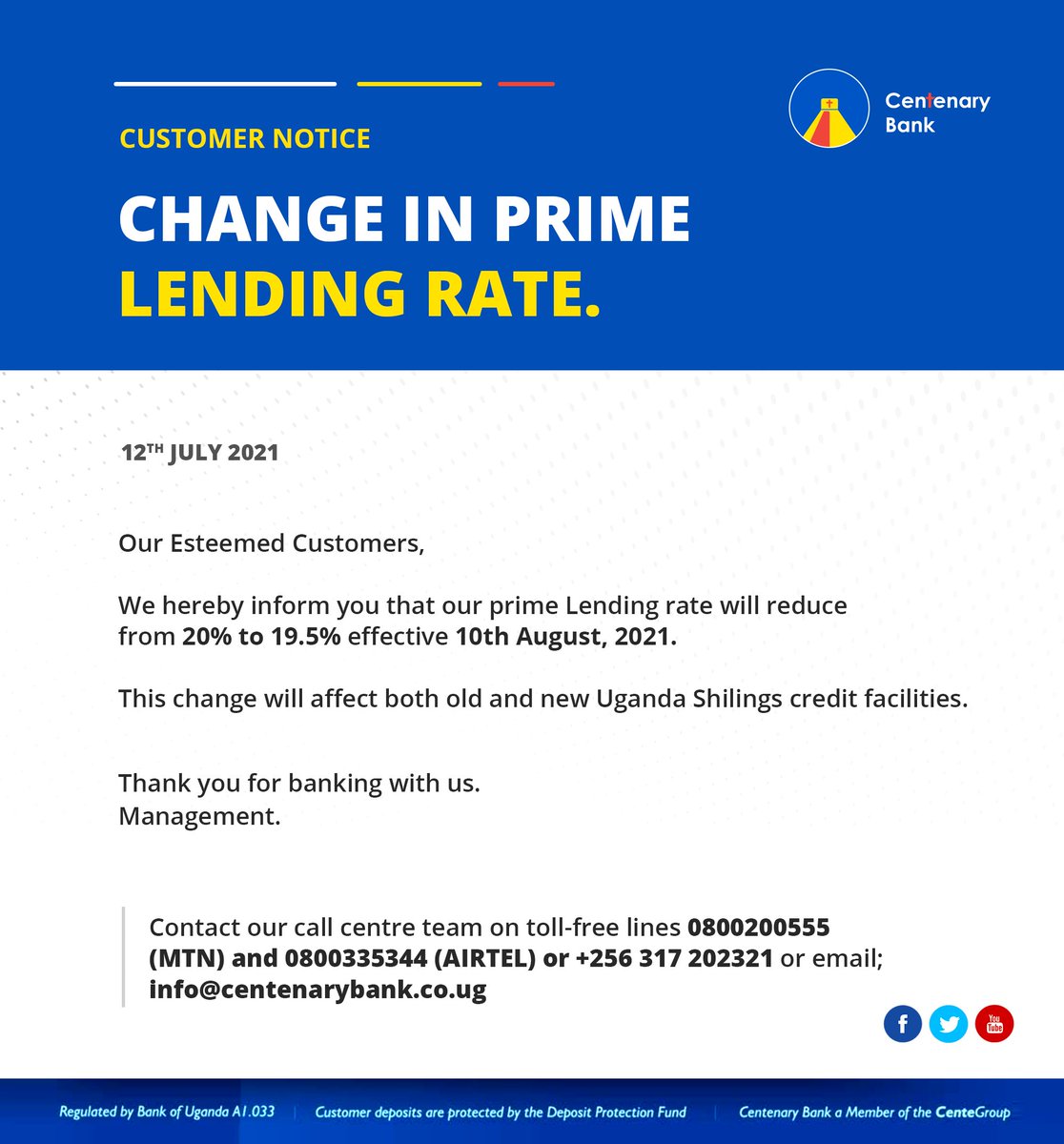 Dear customers, we hereby inform you that our prime lending rate will reduce from 20% to 19.5% effective 10th August, 2021.