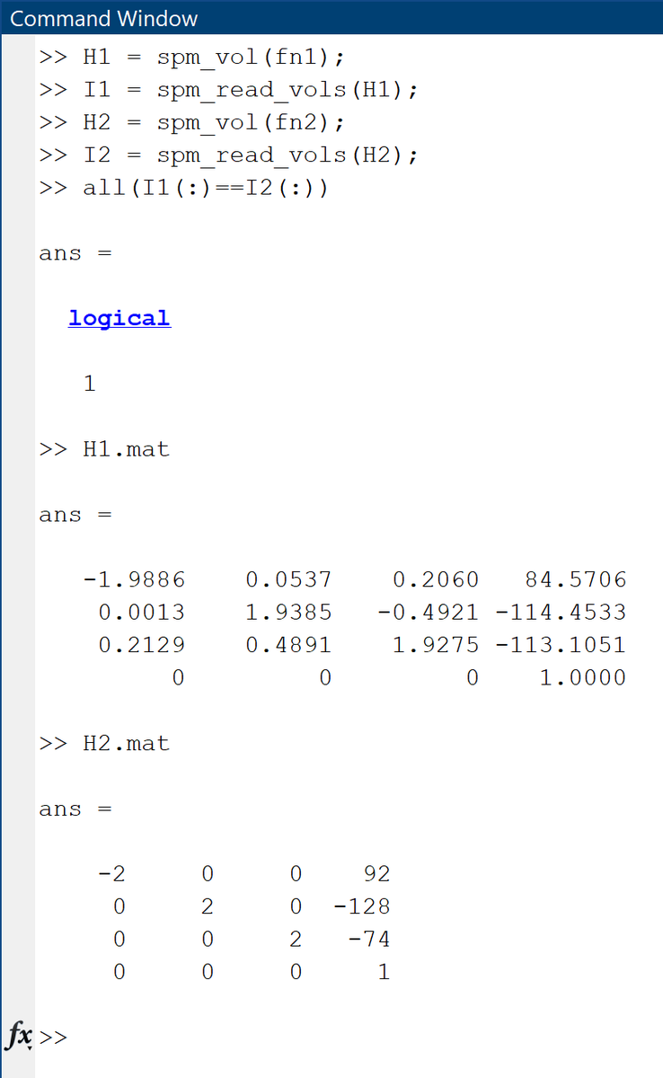 JoramSoch's tweet photo. @spinicist @JKizilirmak @yarikoptic Here's the same thing in #SPM12: The transformation matrix of the wrong ROI (header H1) seems to be rotated slightly w.r.t. to the correct one (header H2). The volumes themselves (images I1 and I2) are identical. https://t.co/acdVqXhsrF