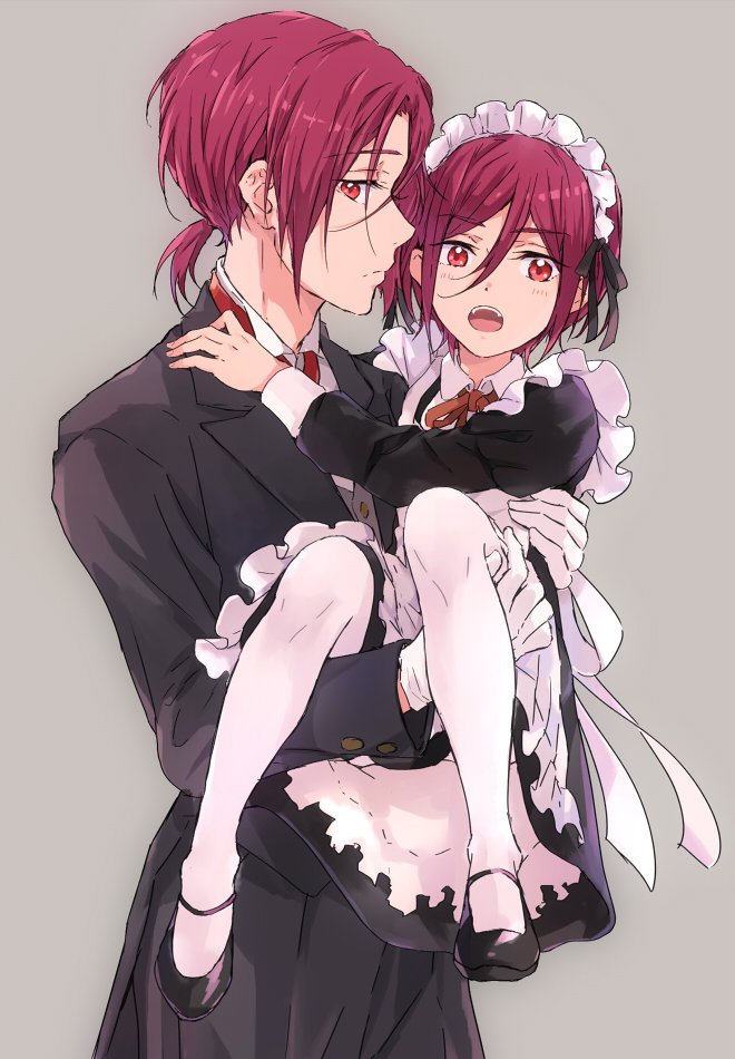 maid red eyes red hair multiple boys carrying 2boys maid headdress  illustration images