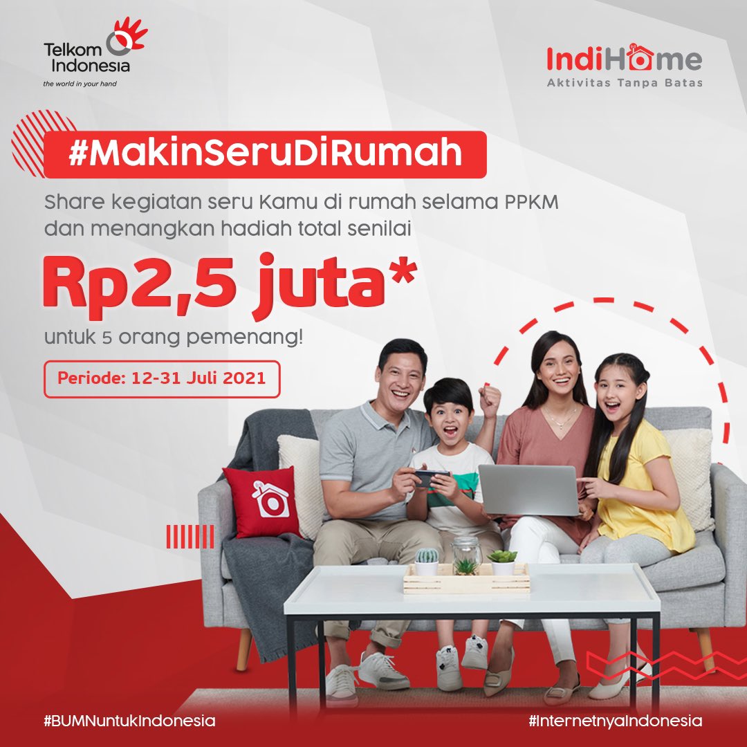 IndiHome's tweet photo. Selama PPKM udah ngapain aja nih Sobat? Yuk, share cerita kegiatan seru ala Kamu &amp; keluarga di rumah selama PPKM, ada hadiah total jutaan rupiah, lho!

Buruan upload foto &amp; share ceritamu di Instagram sekarang, buat dapetin hadiahnya 😍

#AktivitasTanpaBatas
#InternetnyaIndonesia https://t.co/DujcXV3MmA