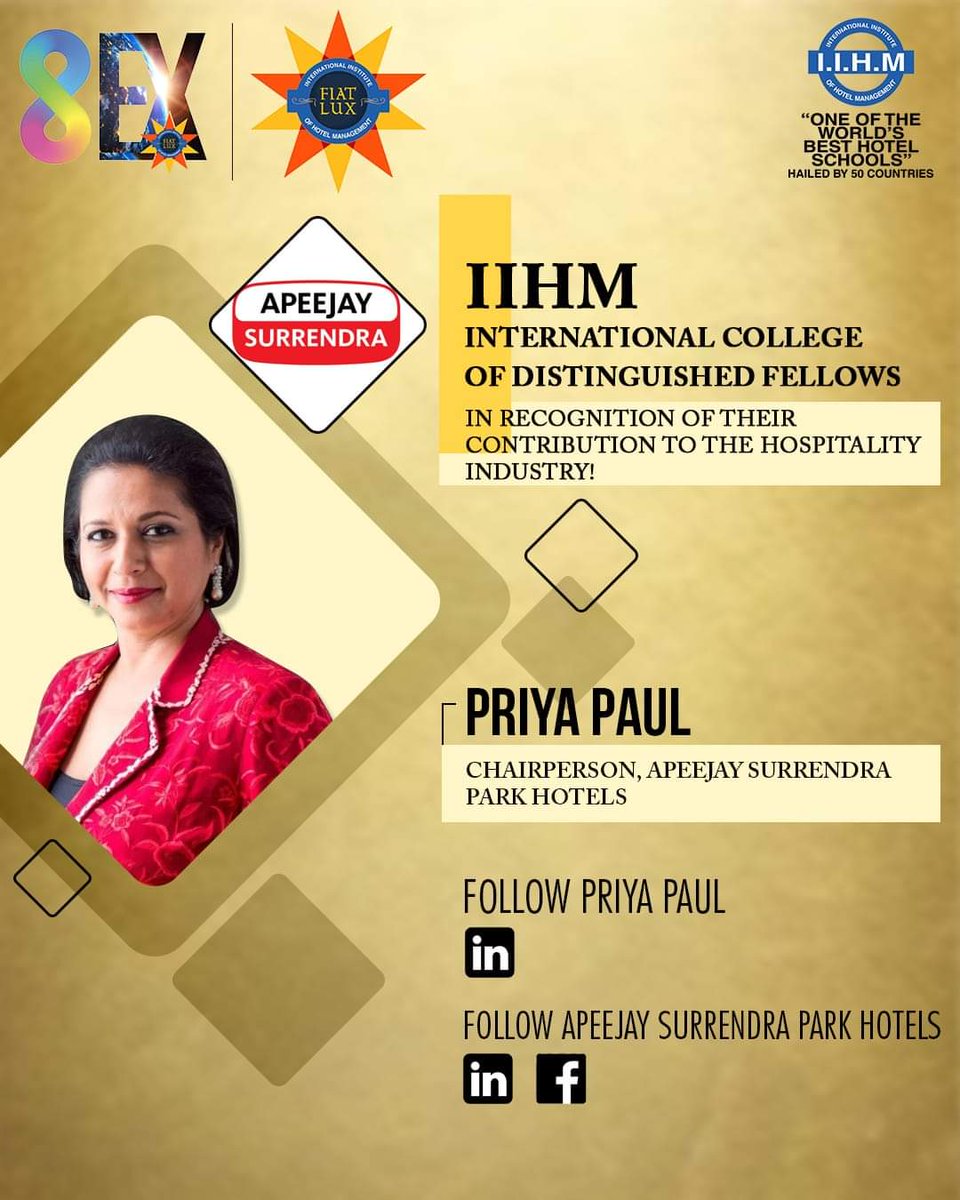 AADirIIHMDELHI's tweet photo. Many Congratulations to Ms Priya Paul Chairperson @parkhotelsindia for Being Elected as #FellowofIIHM in #iihm #International College of the Distinguished Fellow amongst the World's best 150 @parkhotelsindia @ruchikamehta_ #priyapaul @IIHMHOTELSCHOOL @subornobose https://t.co/ur0hfsQW2n