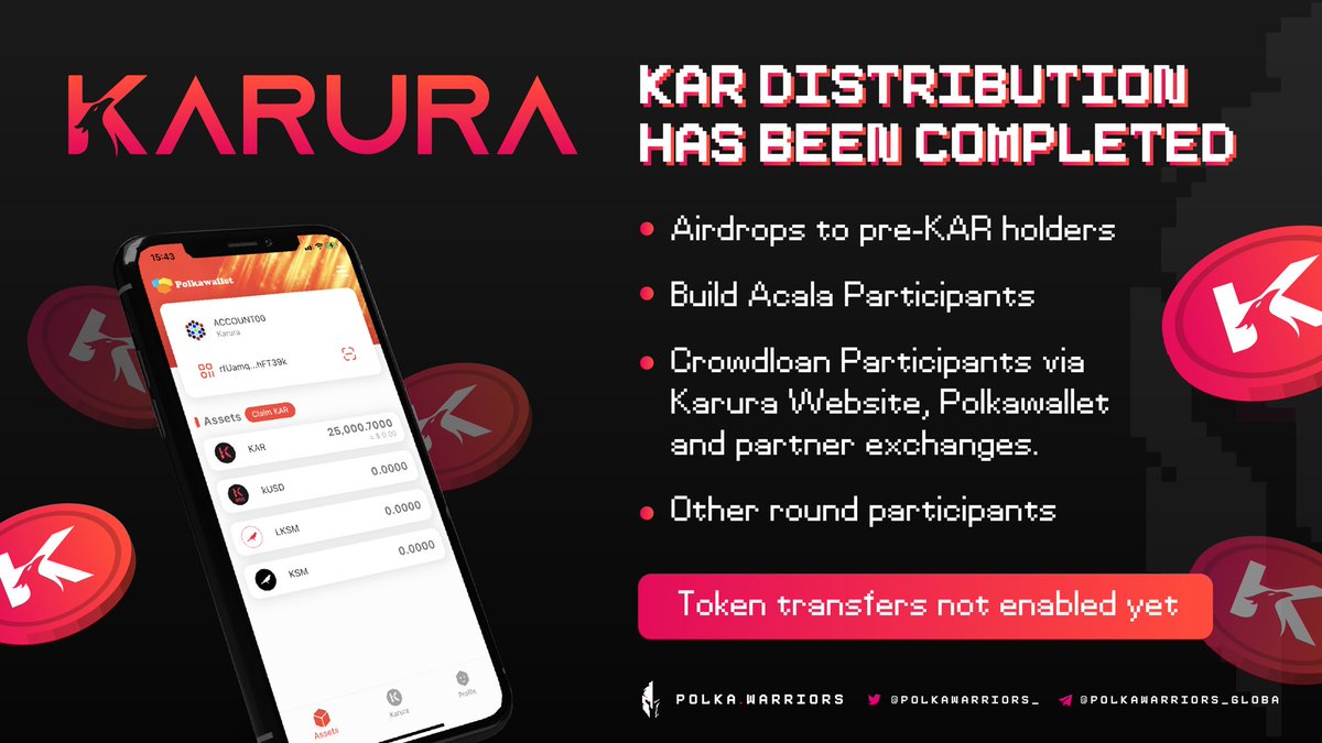 .<a href="/KaruraNetwork/">Karura</a> - the first winner of Kusama parachain auction, has completed the $KAR distribution for their backers and crowdloan participants. 

You can check your balance at distribution.acala.network. 

Please note that token transfer has still not been enabled.
#PolkaWarriors