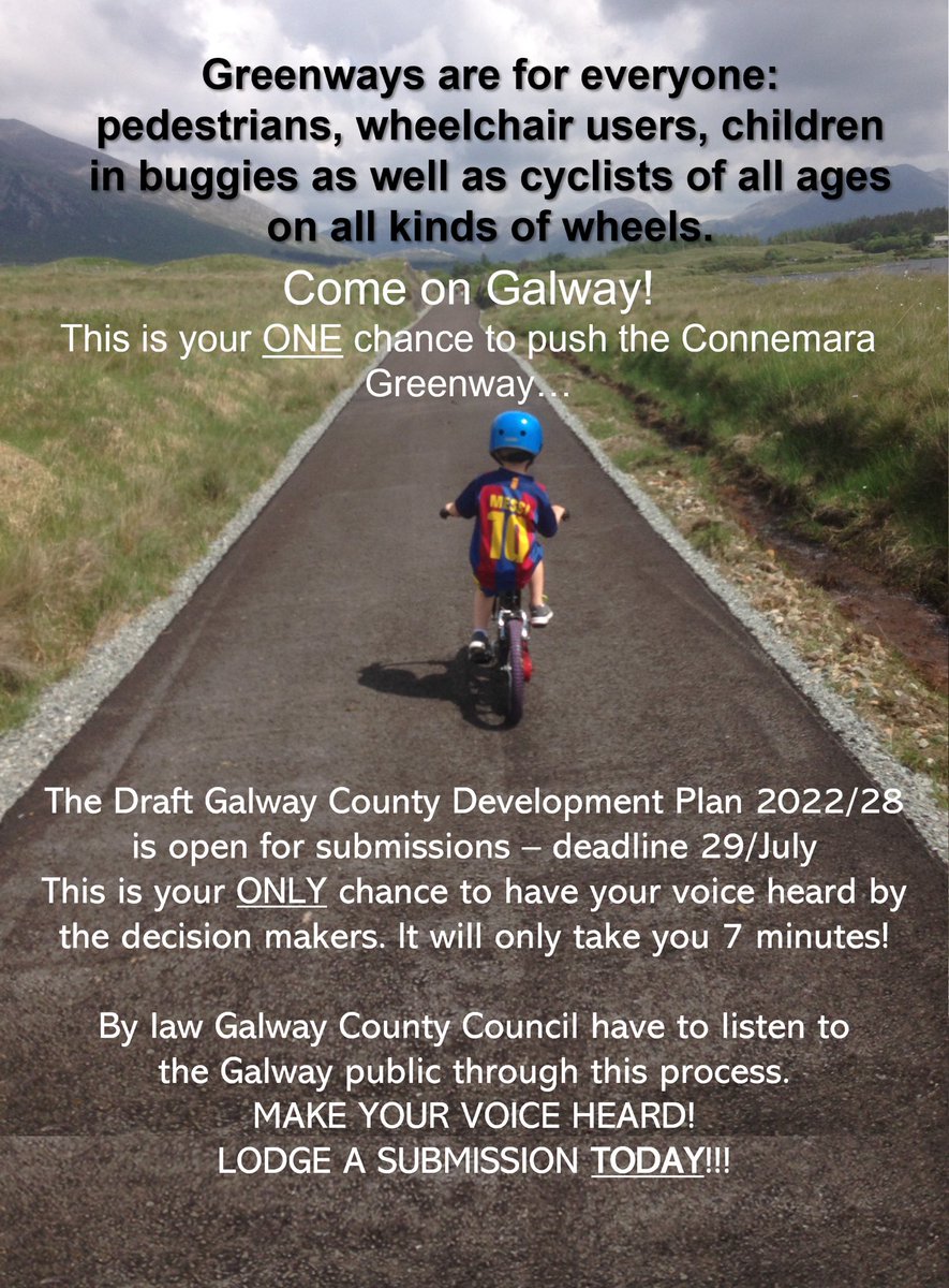 galwaygreenway's tweet image. Do you want to be able to cycle 🚴‍♀️👩🏻‍🦽🚶‍♂️safely from #Galway to #Clifden through #Moycullen, #Oughterard #Maam Cross #Ballynahinch ? If yes go here: bit.ly/3jBLoYg &amp;amp; make a submission. Cut-paste our ready-made text: bit.ly/3wdiujM 

Please DO IT TODAY! Pls Retweet
