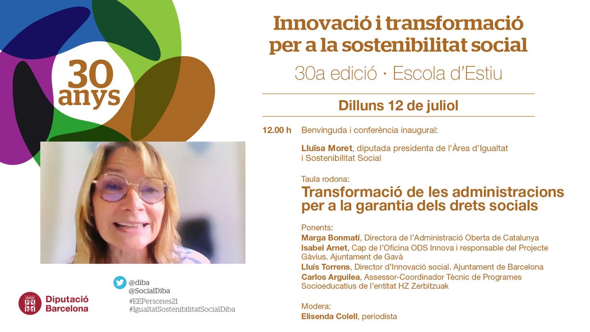 diba's tweet photo. Inaugurem la 30a Escola d'Estiu de @SocialDiba amb el tema 'Innovació i transformació per a la sostenibilitat social' com a eix central.

🗓️Del 12 al 16 de juliol
🖥️En format 100% virtual
#IgualtatSostenibilitatSocialDiba 
#EEPersones21 
✅https://t.co/sAnXVIq9eo https://t.co/OVZjFOYhVa