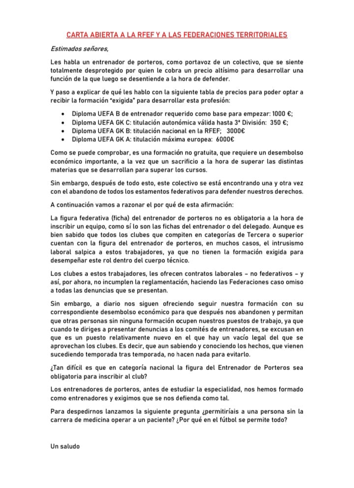 LOS ENTRENADORES DE PORTEROS EN PIE DE GUERRA

<a href="/deportegob/">CSD</a> 
<a href="/rfef/">RFEF</a>
<a href="/diarioas/">Diario AS</a>
<a href="/marca/">MARCA</a>
@gol
<a href="/afefutbol/">AFE</a>
<a href="/FCF_CAT/">Federació Catalana de Futbol</a>
<a href="/futgal/">RFGF</a>
@Cedifa
@RFAF_Ce
<a href="/EFF_FVF/">Euskadiko Futbol Federakundea - Federación Vasca</a>
<a href="/RFFM_oficial/">RFFM</a>
<a href="/FedExFutbol/">Fexfutbol</a>
<a href="/futbolaragon/">Real Federación Aragonesa Fútbol</a>
<a href="/ffrm_es/">FFRM</a>
<a href="/FFCV_info/">FFCV</a>
<a href="/FCyLF/">RFCYLF</a>
@fcf_es

#DefensaContraElIntrusismo