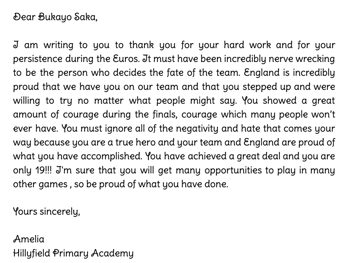 This morning, #year6park have been reflecting on how proud we are of the #EnglandFootballTeam. We have written letters to Saka and the rest of the team to show them how loved they all are. Keep your heads held high — you have inspired a generation. #SayNoToRacism  #euro2021.