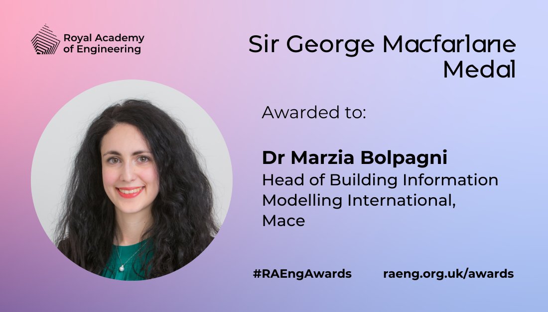 BIM specialist @m_bolpagni is internationally renowned for her work in digital engineering and her innovative approach to design, construction and operation. As overall winner, she receives the 2021 Sir George Macfarlane Medal: raeng.org.uk/news/news-rele… #RAEngAwards