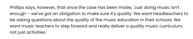 Prof Martin Fautley (@drfautley) on Twitter photo I've got 5 mins between meetings so haven't started the Ofsted music research review yet, but this quote (attached) from <a href="/EnglishCadence/">Mark Phillips</a> should set the the cat among the pigeons in some quarters of music education: "Just doing music isn’t enough" in bit.ly/3AS0ZsO I've got 5 mins between meetings so haven't started the Ofsted music research review yet, but this quote (attached) from <a href="/EnglishCadence/">Mark Phillips</a> should set the the cat among the pigeons in some quarters of music education: "Just doing music isn’t enough" in bit.ly/3AS0ZsO