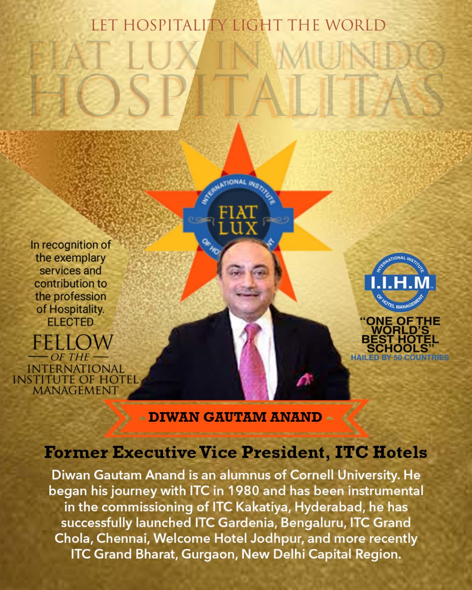 AADirIIHMDELHI's tweet photo. Many Congratulations to Mr #DiwanGautamAnand for being Elected as #FellowOfIIHM in #iihm #Internatiinal College of The #Distinguished Fellow amongst the Worlds best 150 @ITCHotels @IIHMHOTELSCHOOL @subornobose @d_foskett @ITCHotelsCares #FiatLux https://t.co/PtHwjjh08l