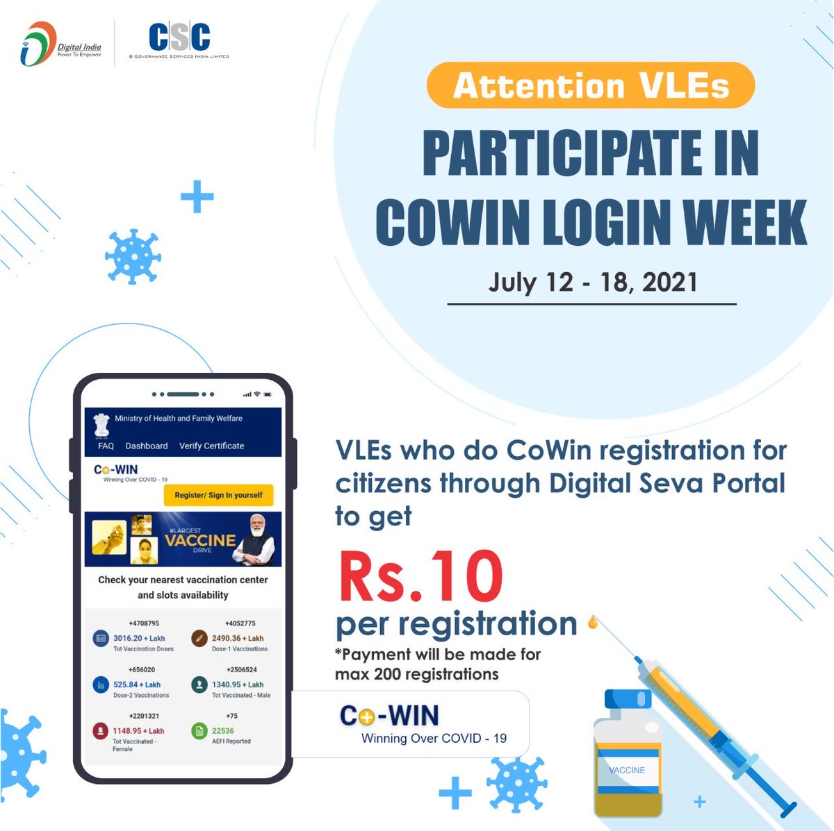 Every CSC to help citizen in registration and vaccination for Covid