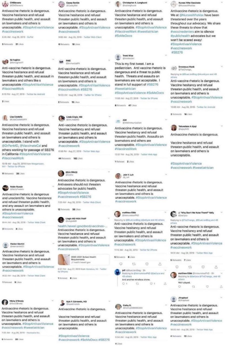 ChristineBurgum's tweet photo. There appears to be thousands of pro-vaccine bot networks on Twitter, all saying the exact same thing. 

Who pays for this? https://t.co/YcMAKkqx97