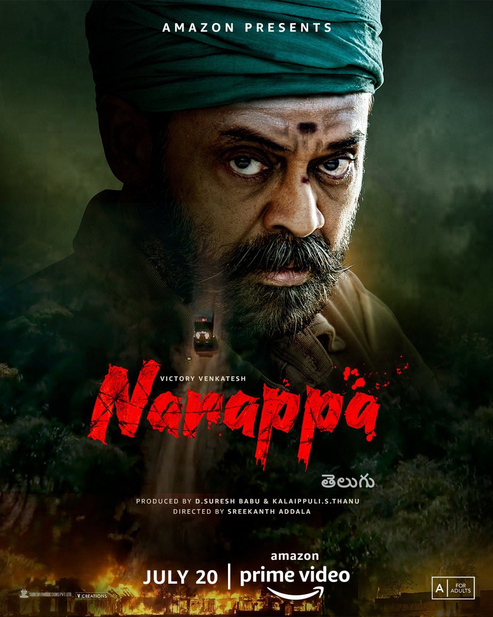 PrimeVideoIN's tweet photo. #Narappa =
entry like a king 🥁
fight like a warrior 💪
win like a champion 🏆
and, leave like a legend 👑

Meet #NarappaOnPrime, July 20.

@VenkyMama #Priyamani @KarthikRathnam3 #SrikanthAddala #ManiSharma @SureshProdns @theVcreations https://t.co/JTGj1qOXmX