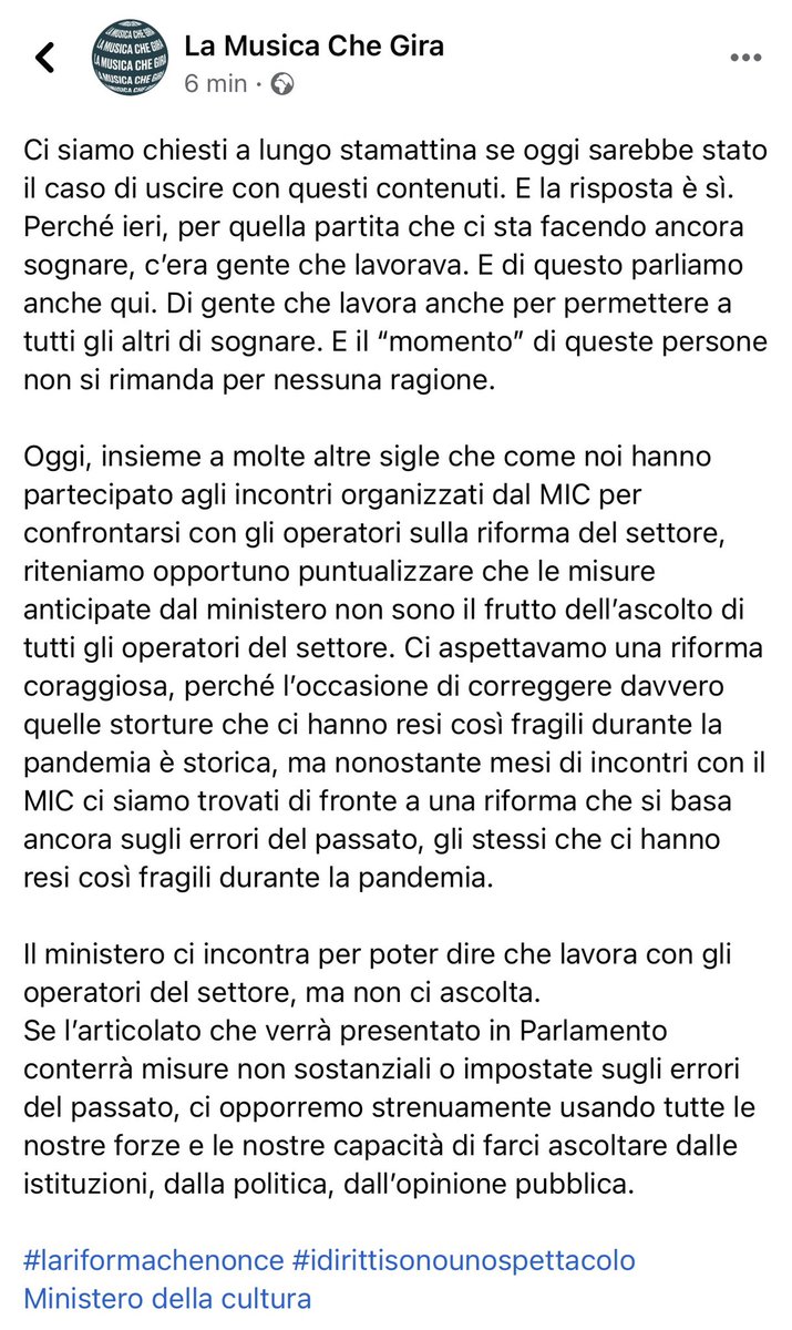 La musica che gira (@lamusicachegira) on Twitter photo Insieme a molte altre sigle, riteniamo opportuno puntualizzare che le misure anticipate dal <a href="/MiC_Italia/">Ministero della Cultura</a> non sono frutto dell’ascolto di tutti gli operatori del settore.
➡️ bit.ly/3kmt5qr
#lariformachenonce #idirittisonounospettacolo Insieme a molte altre sigle, riteniamo opportuno puntualizzare che le misure anticipate dal <a href="/MiC_Italia/">Ministero della Cultura</a> non sono frutto dell’ascolto di tutti gli operatori del settore.
➡️ bit.ly/3kmt5qr
#lariformachenonce #idirittisonounospettacolo