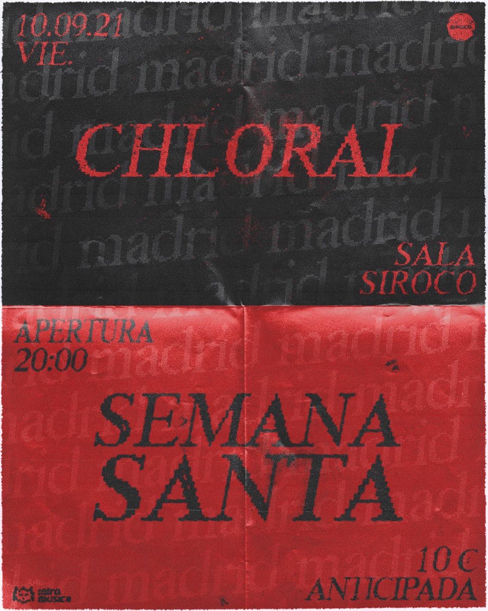 Intromúsica (@intromusica_pro) on Twitter photo 🔥MADRID🔥, el 10 de SEPTIEMBRE se viene conciertazo de <a href="/chloralclub/">Chloral</a> y <a href="/semanasantisima/">Semana Santa</a> en la <a href="/SirocoSala/">Sala Siroco</a> .
Una noche que promete guitarreo post-punk y shoegaze a raudales.
🎫 Entradas YA A LA VENTA ➡️ bit.ly/3yL6BmM
💥Cartel <a href="/pmateo23/">pablo</a> 💥 🔥MADRID🔥, el 10 de SEPTIEMBRE se viene conciertazo de <a href="/chloralclub/">Chloral</a> y <a href="/semanasantisima/">Semana Santa</a> en la <a href="/SirocoSala/">Sala Siroco</a> .
Una noche que promete guitarreo post-punk y shoegaze a raudales.
🎫 Entradas YA A LA VENTA ➡️ bit.ly/3yL6BmM
💥Cartel <a href="/pmateo23/">pablo</a> 💥
