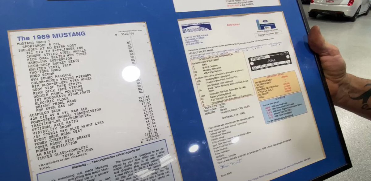 DreamGiveaway's tweet photo. The Mustang Dream Giveaway 1969 Mach 1 comes with this mounted and framed #Martireport sharing the rarity of it. Spoiler alert! It's a one-of-one sold in the US! Check out more details or enter to win it plus a 2021 Mach 1 at https://t.co/1wlb3P3e1Y and use promo code TWITTER https://t.co/CByGqovNWs