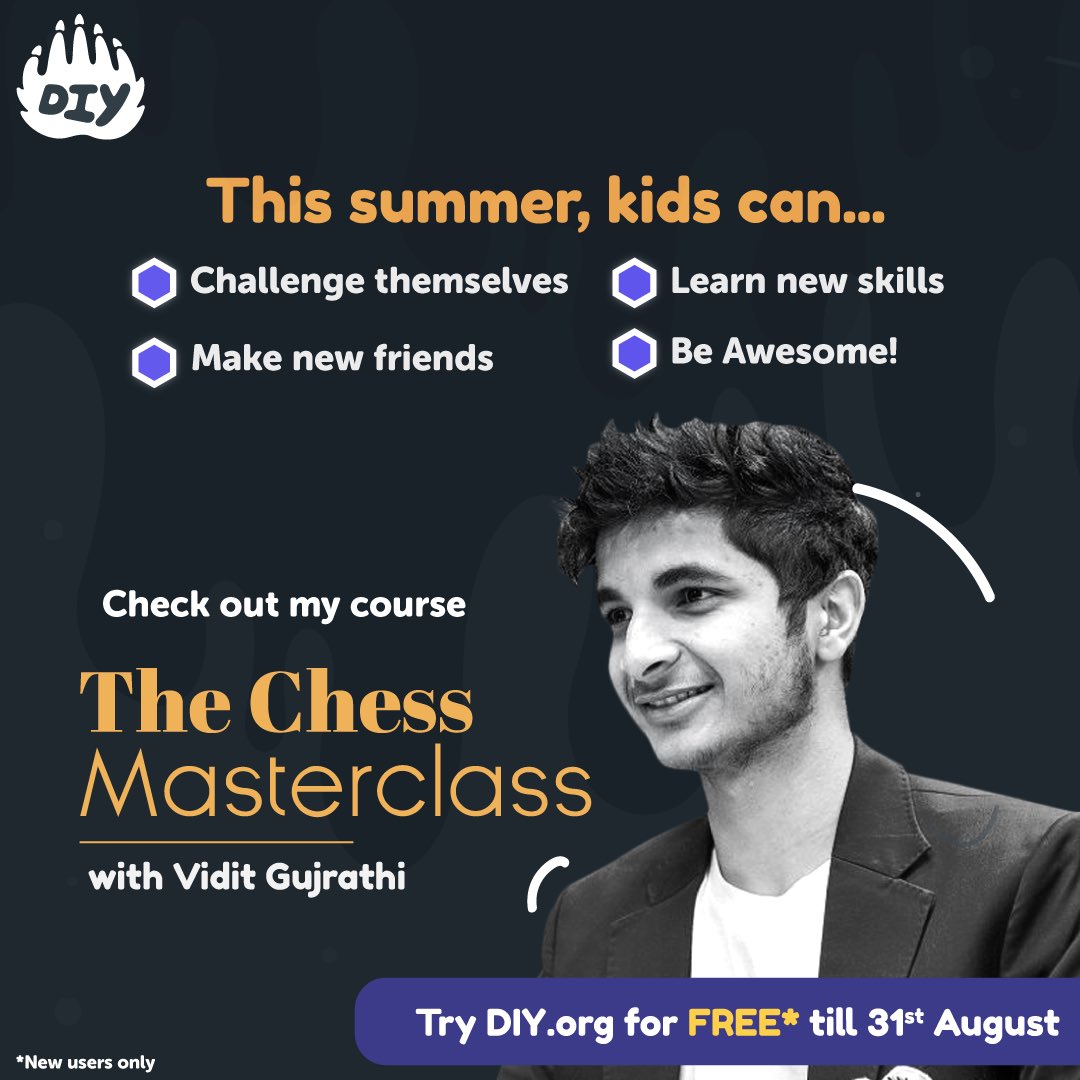 viditchess's tweet image. My course for kids - The Chess Masterclass is now live on DIY.org!
A 100% ad free and certified kid-safe platform, join me on an exhilarating journey.
What's great is that DIY is absolutely FREE until August 31st
See you there!
#DIY #Chess
@DIY #ChessMasterclass