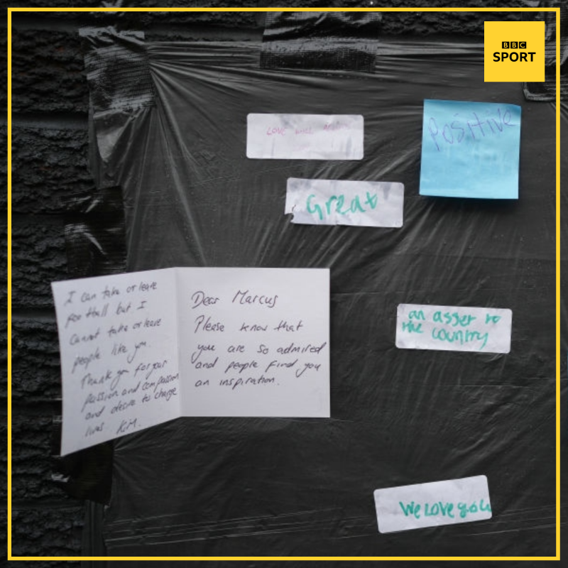 BBCSport's tweet photo. Marcus Rashford's mural was defaced with graffiti and fans responded by leaving messages of support.

#HateWontWin