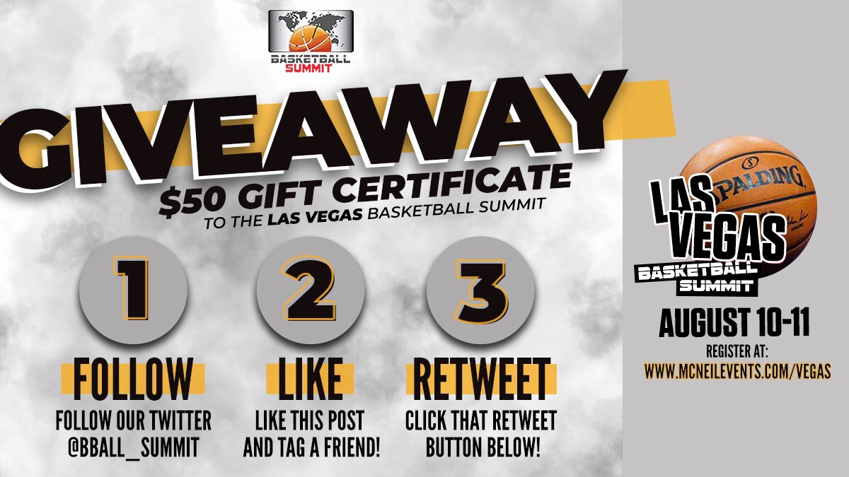 BBall_Summit's tweet photo. 💥GIVEAWAY ALERT!💥
Follow the steps in the photo to have a chance to win a $50 gift certificate good for any of the Basketball Summit camps, highlight videos, or other services! Head to https://t.co/76qaYBH0kM to register for camp now! https://t.co/FGg1ecMumY