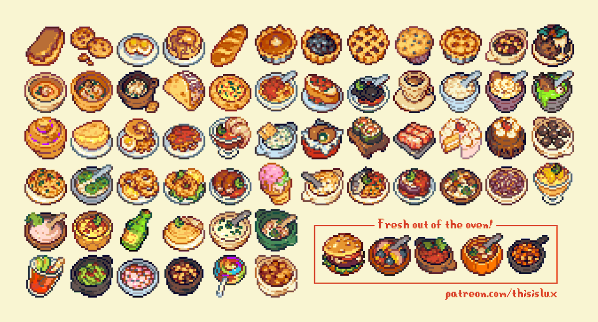 thisislux's tweet photo. stardew valley food mod progress update! 🍔🫐🍈🍉🥣🍠 https://t.co/FOy0c030XP