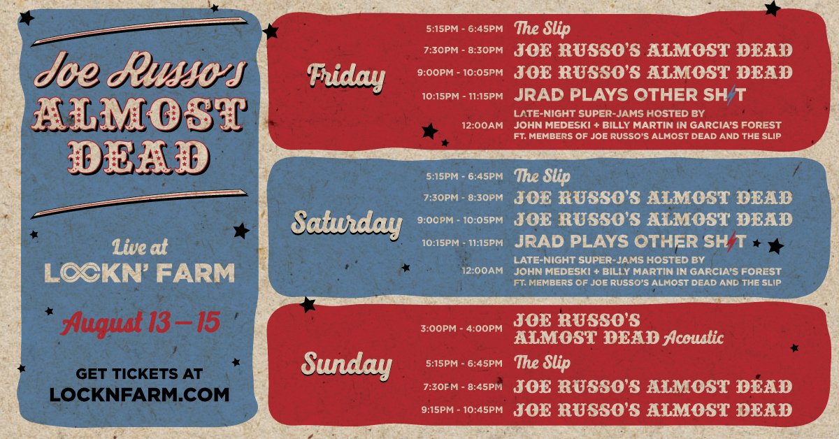 RussoAlmostDead's tweet image. In addition to 2 sets of JRAD every night at @LOCKNFarm, we will also be performing hour-long “Other Shit” sets of non Grateful Dead material on Fri &amp;amp; Sat nights (following Set 2).  

We’re  also happy to announce a special JRAD Acoustic Set, Sun in Garcia’s Forest!

#OtherShit