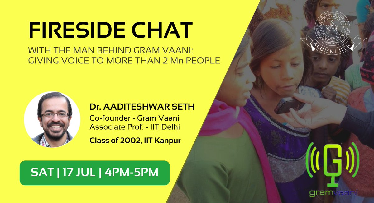 iitkaablr's tweet photo. "Fireside Chat With a Man Who Gave Voice to 2 Million Rural People: Gram Vaani"

Registration Link:  https://t.co/Dn0l6xeRjs  

Date &amp; Time: 17 Jul, Sat 4:00 PM - 5:00 PM

#IITK #IITKAlumni #IITKAA #IITKAABLR #IITK_Alum_Cafe_Series #GramVaani #SocialEntrepreneurship #IITD https://t.co/Z6jqFncBd8