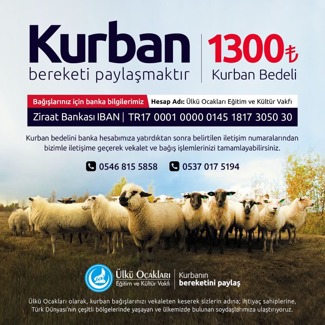 Besmeleyle kesilen her kurban, uzatılan her ikram birliğimizin harcı, dirliğimizin teminatıdır. 

Ülkü Ocakları olarak bu sene de kurban bağışlarınızı vekaleten keserek, yardım planına dahil ihtiyaç sahiplerine sizlerin adına ulaştırıyoruz.