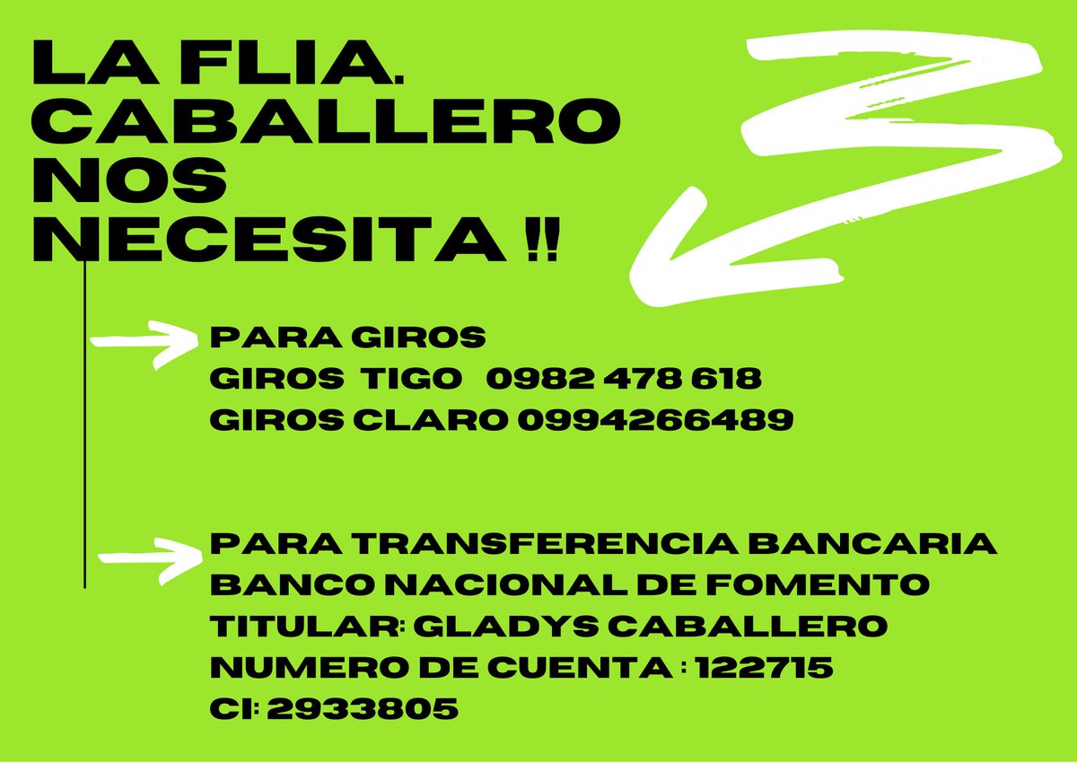 La Familia Caballero nos necesita. Los gastos en el hospital son muy elevados , dos integrantes de la familia se encuentran internados y necesitan de nuestra ayuda. 
CUALQUIER MONTO ES DE MUCHA AYUDA.
“Hoy por tí mañana por mi”
Me ayudan con un Rt porfa 🙌🏻
<a href="/darli_victoria/">Darline Caballero</a>