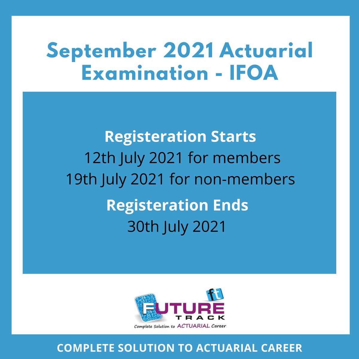 Actuarialcoach's tweet photo. IFOA EXAM UPDATE- 
Exam registration for Sep -21 has started. Pls register yourself asap. As limited seats are available. Don't wait till last date.

#futuretrack #futuretrackstudents #actuarialexams #ifoaexamupdate #ifoaexams #ifoasep2021exams #actuarialexamtips https://t.co/gRPmuoT2JY