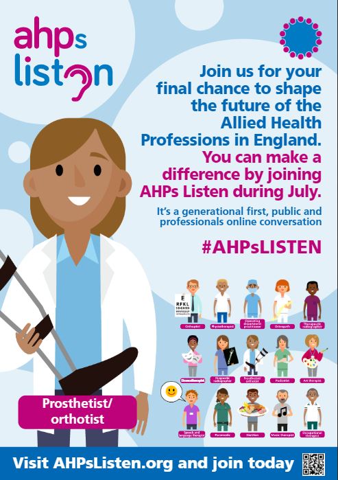 14 days left for FINAL #AHPsListen conversation. Every evening I will be tweeting an <a href="/WeAHPs/">WeAHPs 💙</a> profession-specific poster.

🥁Drumroll <a href="/JulietSturgess/">Juliet Sturgess</a> <a href="/PROSTHETICSnet/">Prosthetic Network</a> <a href="/OrthoticNetwork/">Nicky Eddison</a> <a href="/research_agent/">Chantel Ostler</a> :-)

Do share widely. We need to hear the P&amp;O voice: AHPsListen.org🔊