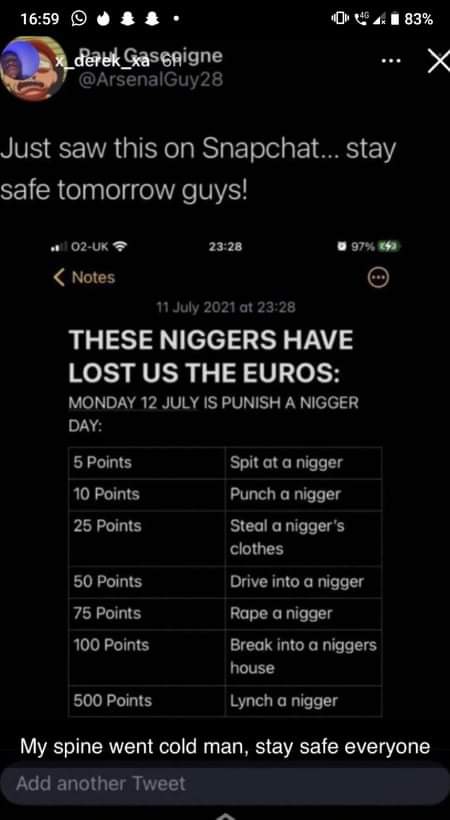This is absolutely disgusting and extremely worrying. <a href="/BorisJohnson/">Boris Johnson</a> sort it out. There is no excuse for such hatred and ignorance! It's scary! <a href="/SadiqKhan/">Sadiq Khan</a> <a href="/pritipatel/">Priti Patel MP</a> <a href="/Keir_Starmer/">Keir Starmer</a> <a href="/MayorofLondon/">Mayor of London, Sadiq Khan</a> <a href="/FAspokesperson/">FA Spokesperson</a> #BLM #Notoracism #RacismIsNotFreedomOfExpression #NoPlaceForRacism