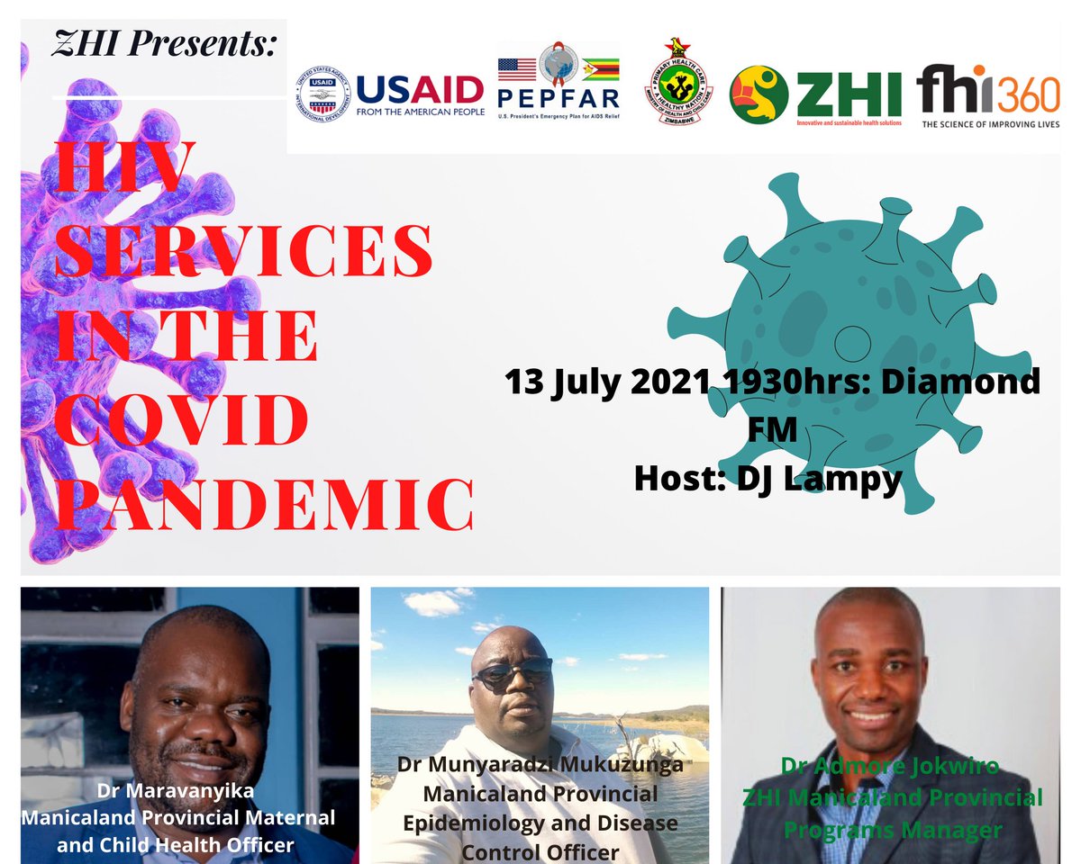 How has the Covid-19 Pandemic affected HIV and Care Treatment Services?

For answers and more...Join the discussion on @DiamondFM @ 7:30pm Tuesday 13 July. 
@UsaidZimbabwe <a href="/OPHID_Trust/">OPHID</a> <a href="/znnpinfo/">ZNNP+</a> <a href="/naczim/">NAC Zimbabwe</a> <a href="/MoHCCZim/">Ministry of HealthZW</a> <a href="/assoczach/">Zimbabwe Association of Church-Related Hospitals</a> <a href="/healthtimeszim/">𝐇𝐞𝐚𝐥𝐭𝐡 𝐓𝐢𝐦𝐞𝐬</a> <a href="/MCT_CareTrust/">Mashambanzou Care Trust</a> <a href="/zvandiri/">Zvandiri</a>