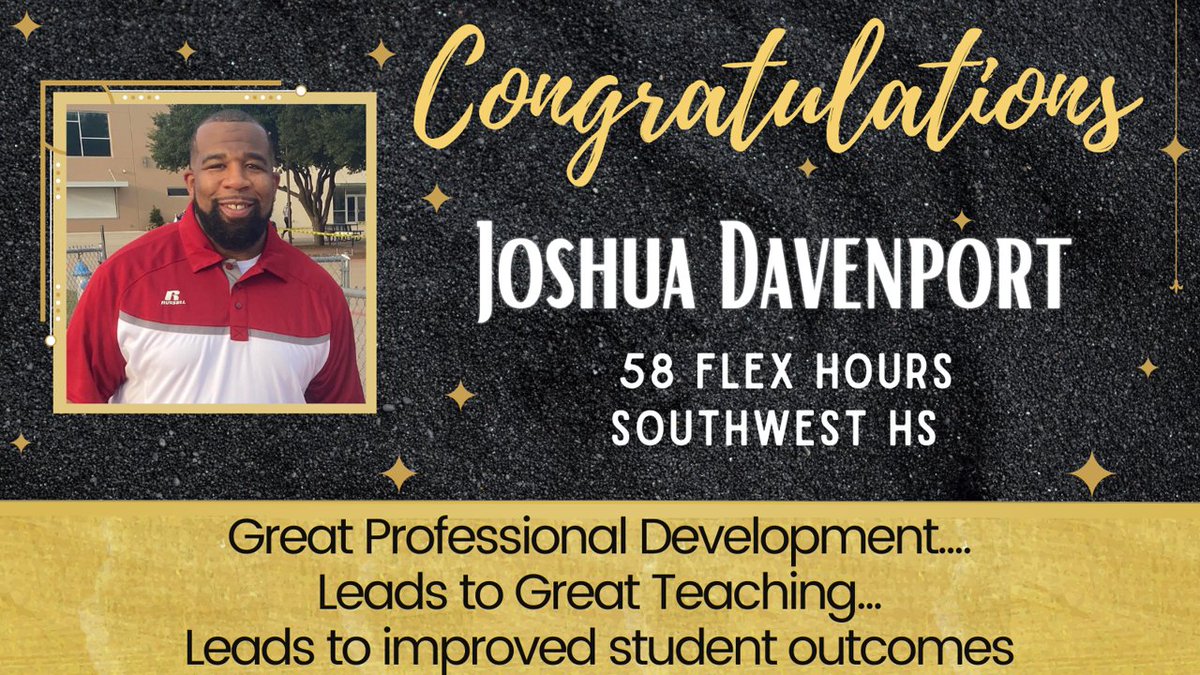 Fort Worth ISD Professional Learning (@fwisdpli) on Twitter photo Way to go 👏 to our #FWISD 🌟TOP🌟 #FLEX earner for the 20-21 School Year and for continuing to grow and achieve your professional dreams and goals!
<a href="/CoachDavenportJ/">@CoachJoshuaDavenport</a> <a href="/PadroEneida/">Eneida Padró</a> <a href="/cheriew29183396/">Cherie Washington</a> <a href="/anne_darr/">Anne Darr</a> <a href="/SouthwestFWISD/">Southwest High School</a> <a href="/w3ndywoohoo/">Wendy</a> Way to go 👏 to our #FWISD 🌟TOP🌟 #FLEX earner for the 20-21 School Year and for continuing to grow and achieve your professional dreams and goals!
<a href="/CoachDavenportJ/">@CoachJoshuaDavenport</a> <a href="/PadroEneida/">Eneida Padró</a> <a href="/cheriew29183396/">Cherie Washington</a> <a href="/anne_darr/">Anne Darr</a> <a href="/SouthwestFWISD/">Southwest High School</a> <a href="/w3ndywoohoo/">Wendy</a>