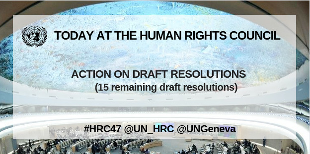 #HRC47: Human Rights Council takes action on draft resolutions and decisions.

📺 Watch live: bit.ly/2MAQ1ij
👉 Follow @UN_HRC and #HRC47 for regular updates.

#Tigray #Myanmar #Belarus #Syria #Ukraine