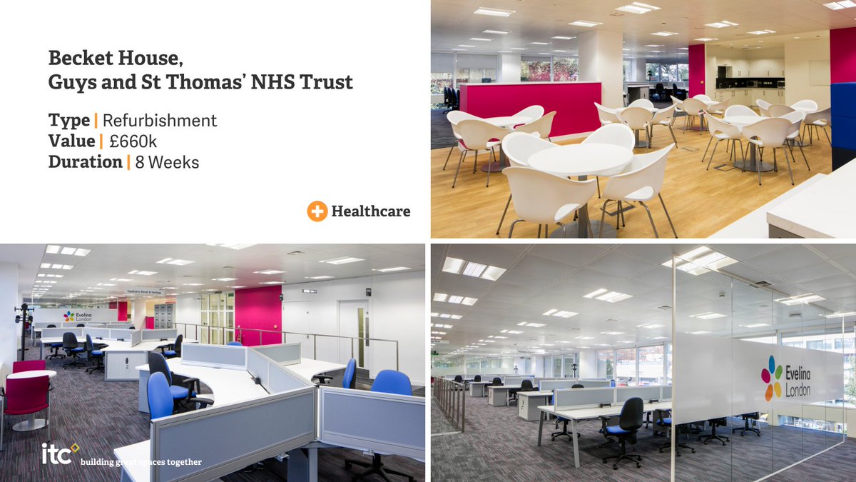 builtbyitc's tweet photo. We carried out a CAT B refurbishment at Beckett House, Guy and St. Thomas’ NHS Trust 🏥 in London. Works included the transformation of 48,000 sq ft across four floors, to provide open plan office space with approximately 600 work stations 🛠. Learn more https://t.co/bZQ9IuzDy1 https://t.co/iWqK4mKdPu