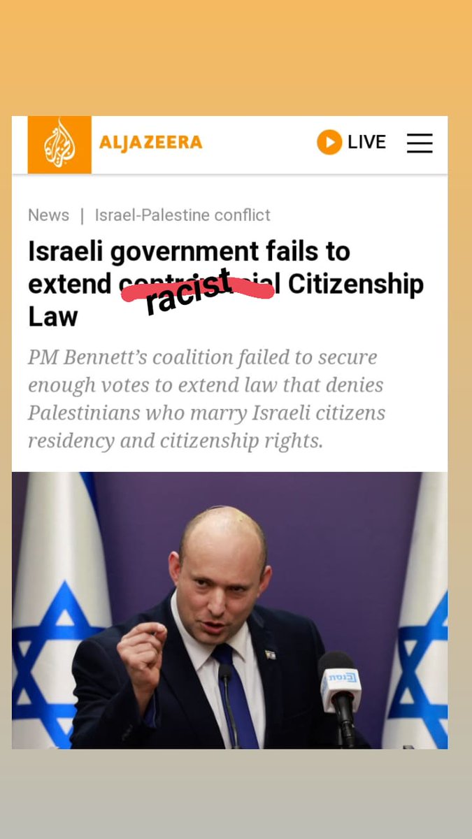 Aparthied Israel denies rights to "mixed couples." So if a Palestinian falls in love &amp; marries an Israeli, they are prohibited to live in certain neighborhoods &amp; won't get the same benefits as other married couples.

The inside political fight is exposing this discriminatory law.